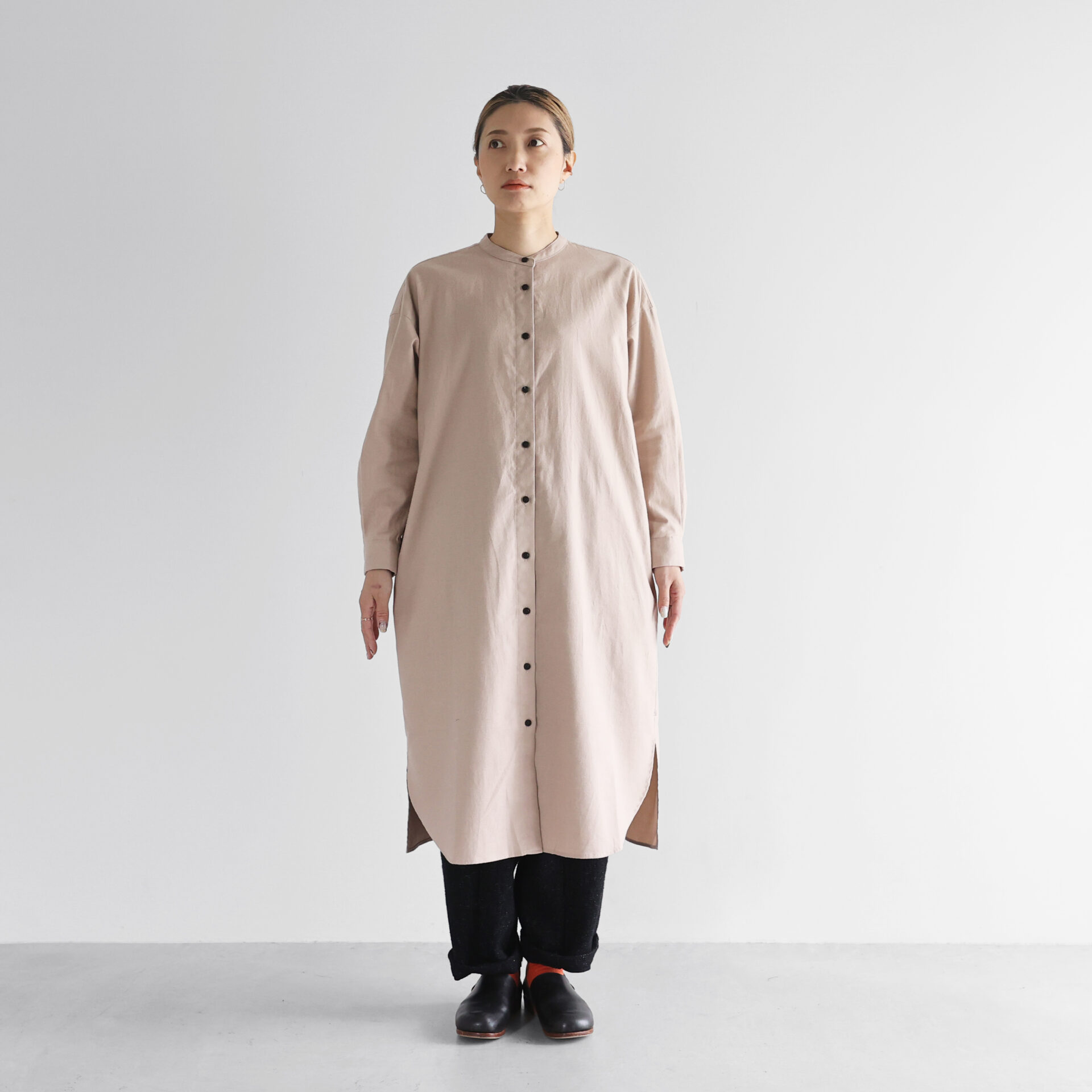 オーガニックコットン起毛ビエラバンドカラーシャツロングワンピース